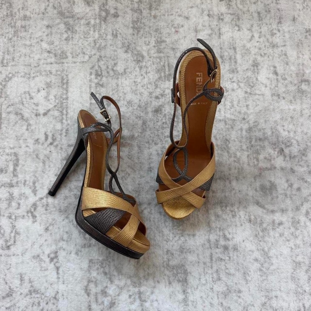 Fendi Metallic Gold & Black Strappy High-Heel Sandals size 39.5